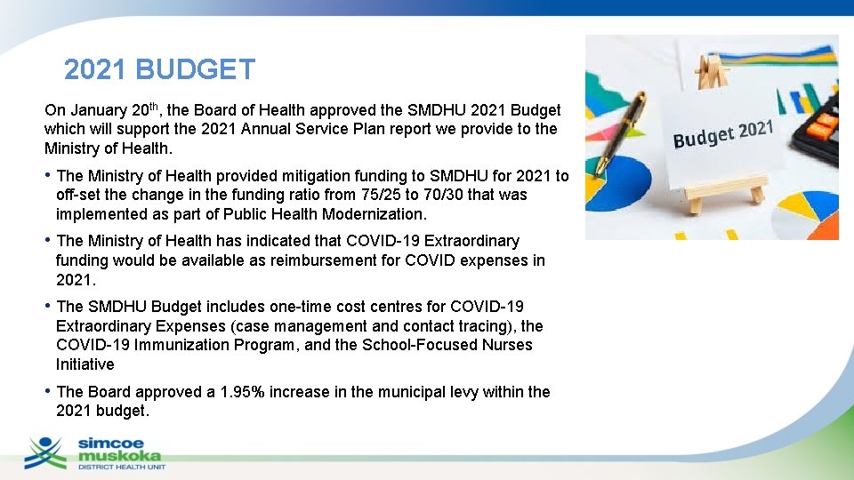 2021 BUDGET On January 20 th, the Board of Health approved the SMDHU 2021