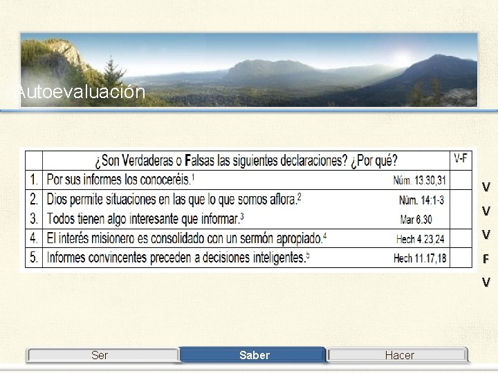 Autoevaluación V V V F V Ser Saber Hacer 