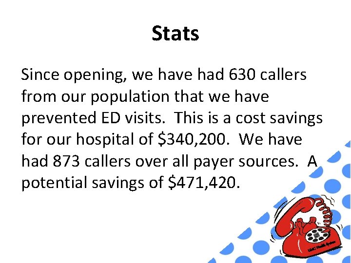 Stats Since opening, we have had 630 callers from our population that we have