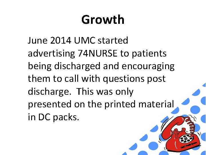 Growth June 2014 UMC started advertising 74 NURSE to patients being discharged and encouraging