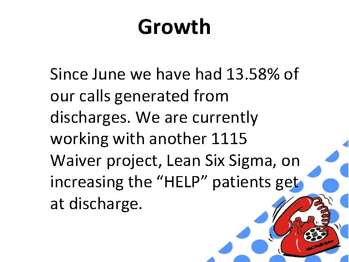 Growth Since June we have had 13. 58% of our calls generated from discharges.
