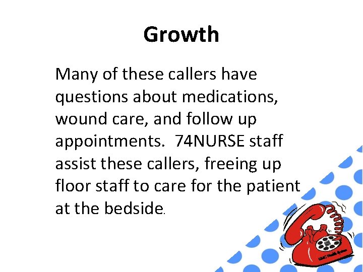 Growth Many of these callers have questions about medications, wound care, and follow up