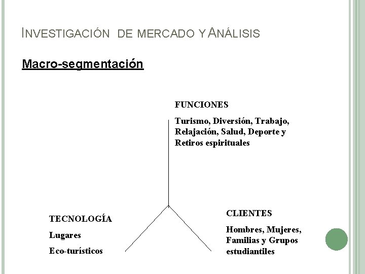 INVESTIGACIÓN DE MERCADO Y ANÁLISIS Macro-segmentación FUNCIONES Turismo, Diversión, Trabajo, Relajación, Salud, Deporte y