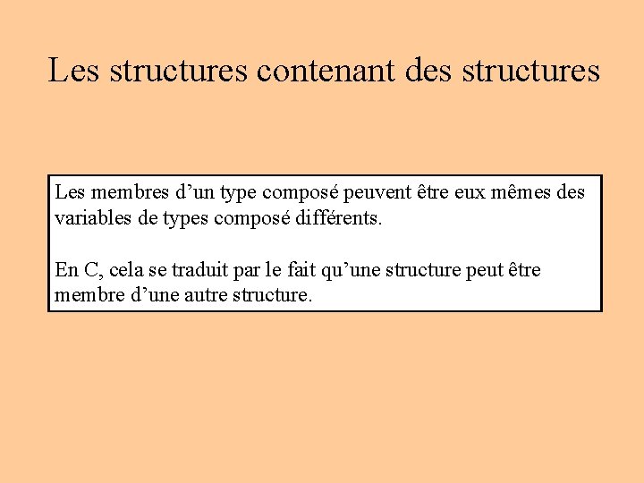 Les structures contenant des structures Les membres d’un type composé peuvent être eux mêmes Les structures contenant des structures Les membres d’un type composé peuvent être eux mêmes