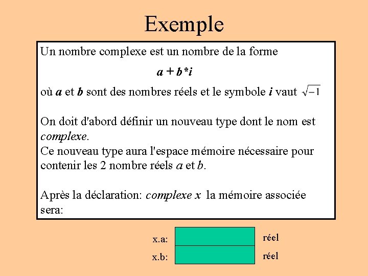Exemple Un nombre complexe est un nombre de la forme a + b*i où Exemple Un nombre complexe est un nombre de la forme a + b*i où