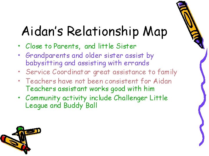 Aidan’s Relationship Map • Close to Parents, and little Sister • Grandparents and older