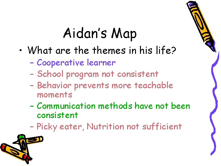 Aidan’s Map • What are themes in his life? – Cooperative learner – School