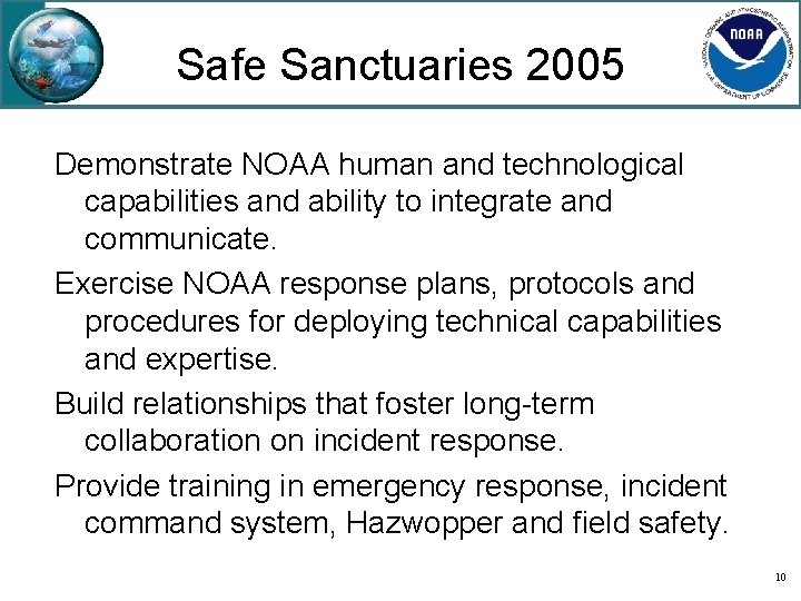 Safe Sanctuaries 2005 Demonstrate NOAA human and technological capabilities and ability to integrate and