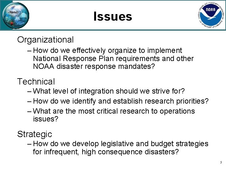 Issues Organizational – How do we effectively organize to implement National Response Plan requirements