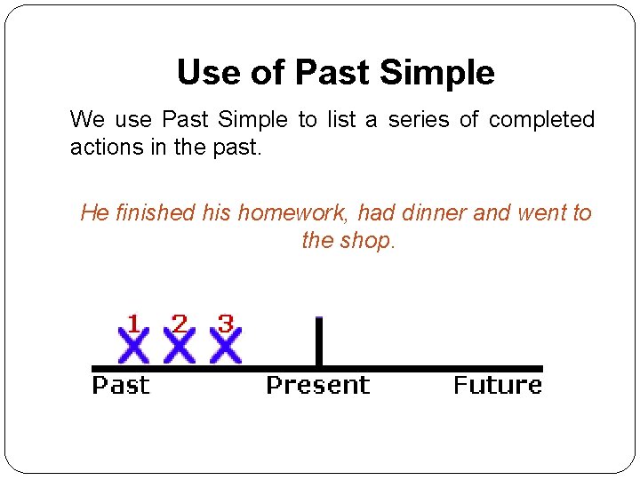 Use of Past Simple We use Past Simple to list a series of completed