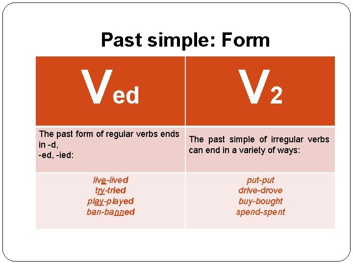 Past simple: Form Ved V 2 The past form of regular verbs ends in