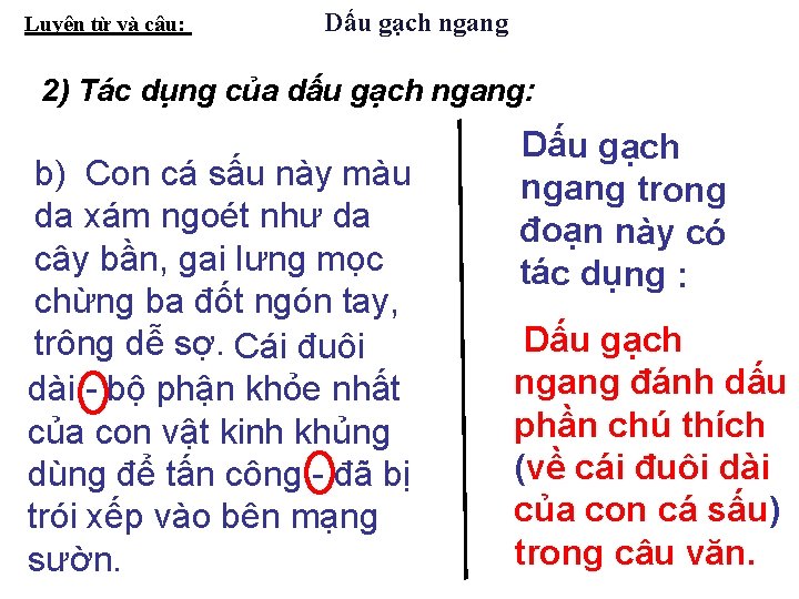 Luyện từ và câu: Dấu gạch ngang 2) Tác dụng của dấu gạch ngang: