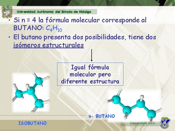  • Si n = 4 la fórmula molecular corresponde al BUTANO: C 4