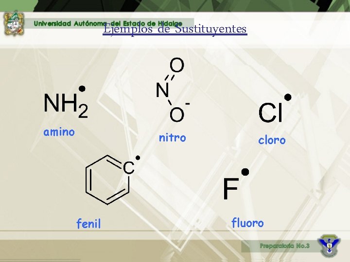 Ejemplos de Sustituyentes amino nitro fenil cloro fluoro 