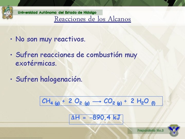 Reacciones de los Alcanos • No son muy reactivos. • Sufren reacciones de combustión