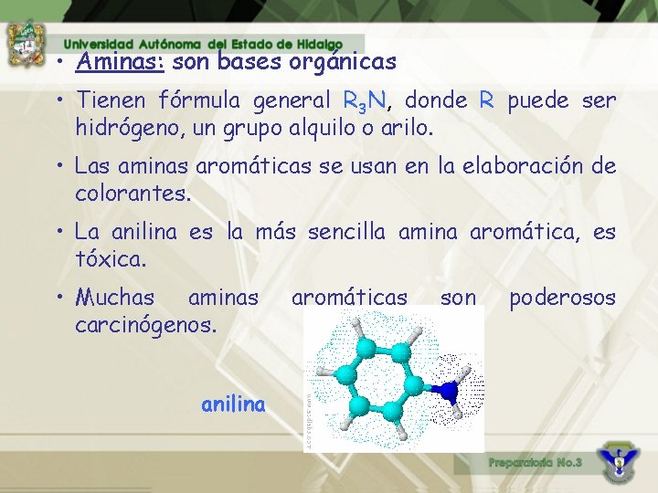  • Aminas: son bases orgánicas • Tienen fórmula general R 3 N, donde