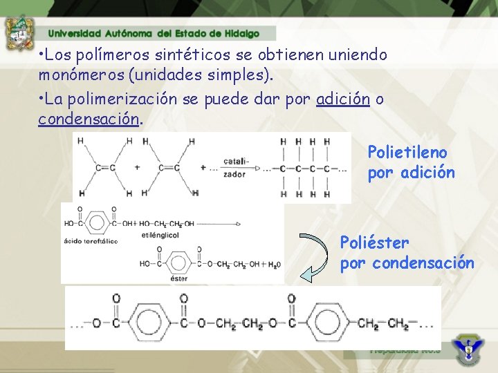 • Los polímeros sintéticos se obtienen uniendo monómeros (unidades simples). • La polimerización