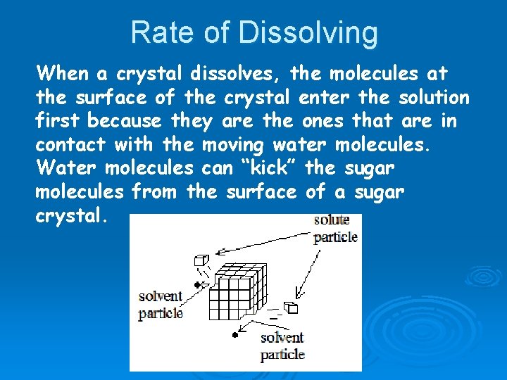 Rate of Dissolving When a crystal dissolves, the molecules at the surface of the