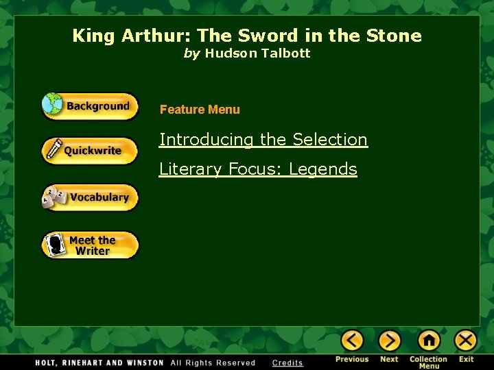 King Arthur: The Sword in the Stone by Hudson Talbott Feature Menu Introducing the