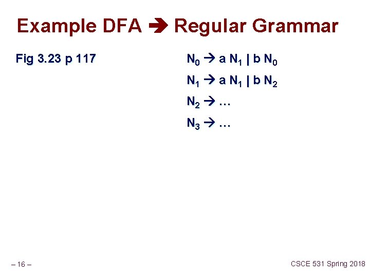 Example DFA Regular Grammar Fig 3. 23 p 117 N 0 a N 1