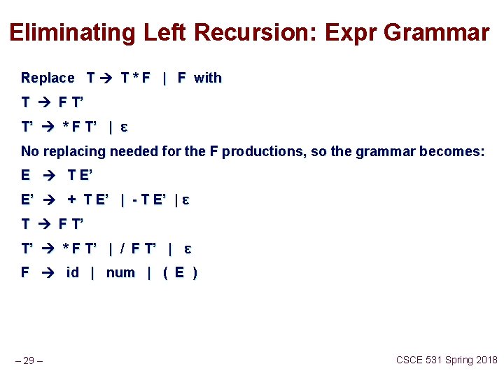 Eliminating Left Recursion: Expr Grammar Replace T T * F | F with T