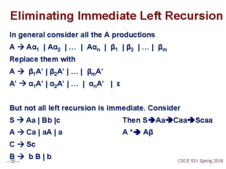 Eliminating Immediate Left Recursion In general consider all the A productions A A α