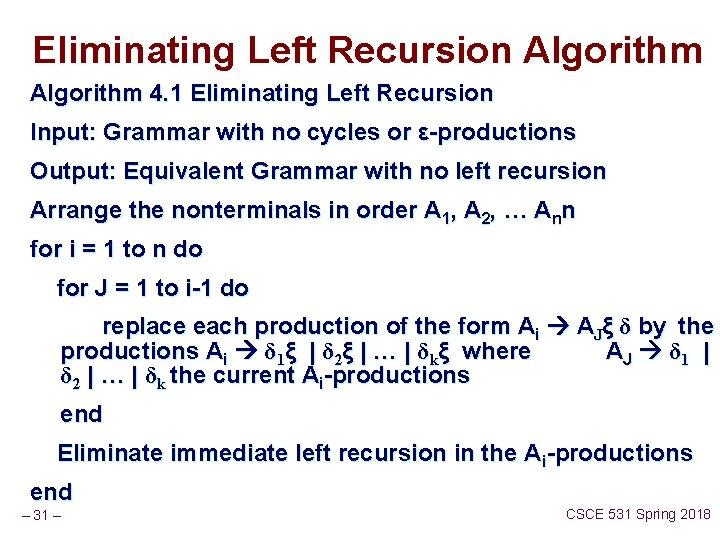 Eliminating Left Recursion Algorithm 4. 1 Eliminating Left Recursion Input: Grammar with no cycles
