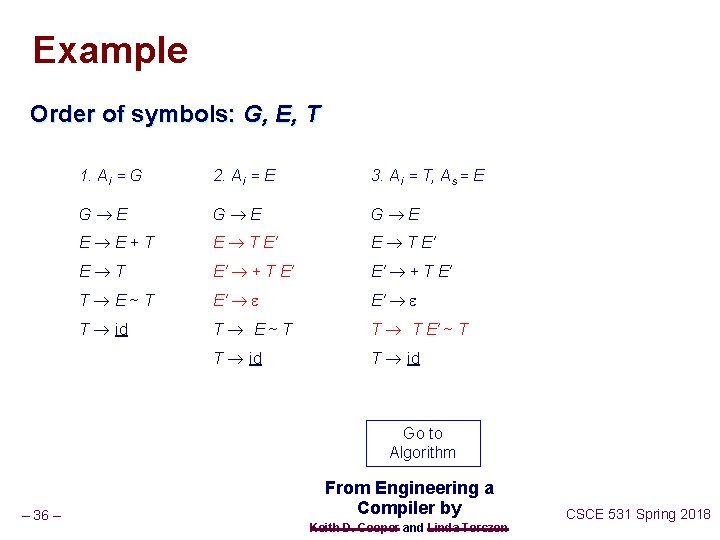 Example Order of symbols: G, E, T 1. Ai = G 2. Ai =