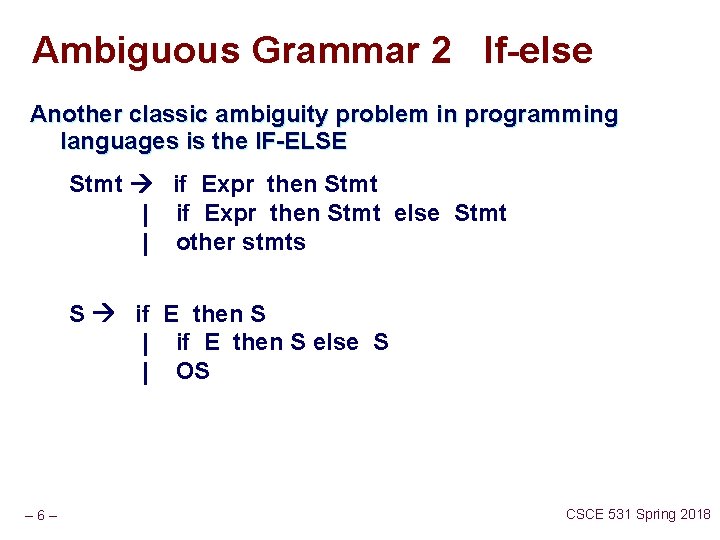 Ambiguous Grammar 2 If-else Another classic ambiguity problem in programming languages is the IF-ELSE