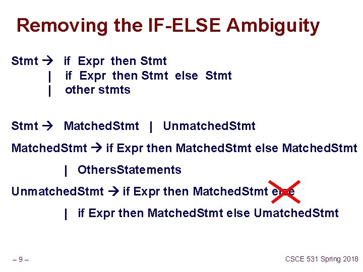 Removing the IF-ELSE Ambiguity Stmt if Expr then Stmt | if Expr then Stmt