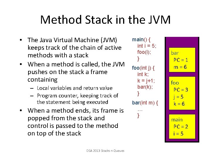 Method Stack in the JVM • The Java Virtual Machine (JVM) keeps track of