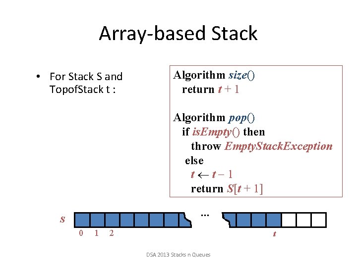 Array-based Stack • For Stack S and Topof. Stack t : Algorithm size() return