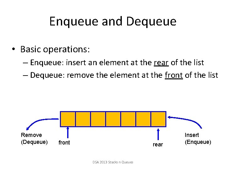 Enqueue and Dequeue • Basic operations: – Enqueue: insert an element at the rear