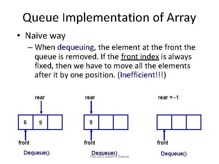 Queue Implementation of Array • Naïve way – When dequeuing, the element at the