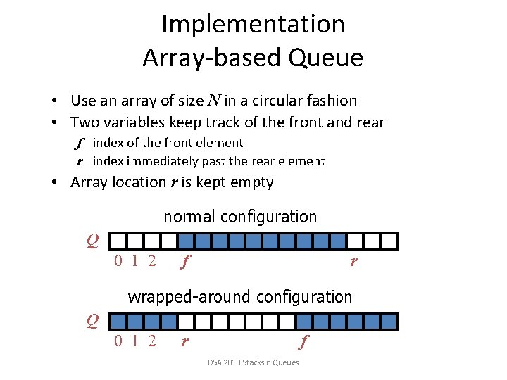 Implementation Array-based Queue • Use an array of size N in a circular fashion