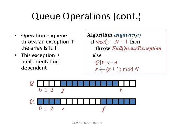 Queue Operations (cont. ) • Operation enqueue throws an exception if the array is