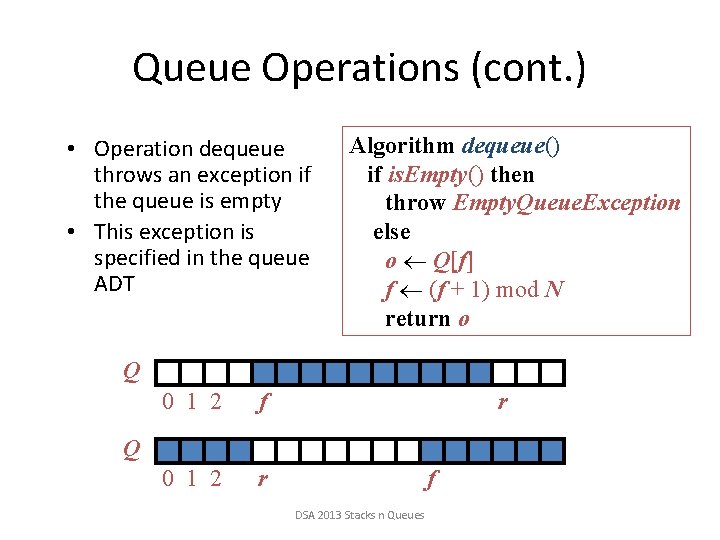 Queue Operations (cont. ) • Operation dequeue throws an exception if the queue is