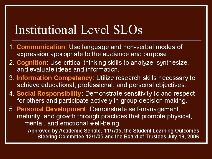 Institutional Level SLOs 1. Communication: Use language and non-verbal modes of expression appropriate to Institutional Level SLOs 1. Communication: Use language and non-verbal modes of expression appropriate to