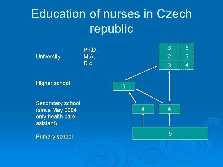 Education of nurses in Czech republic University Higher school Secondary school (since May 2004