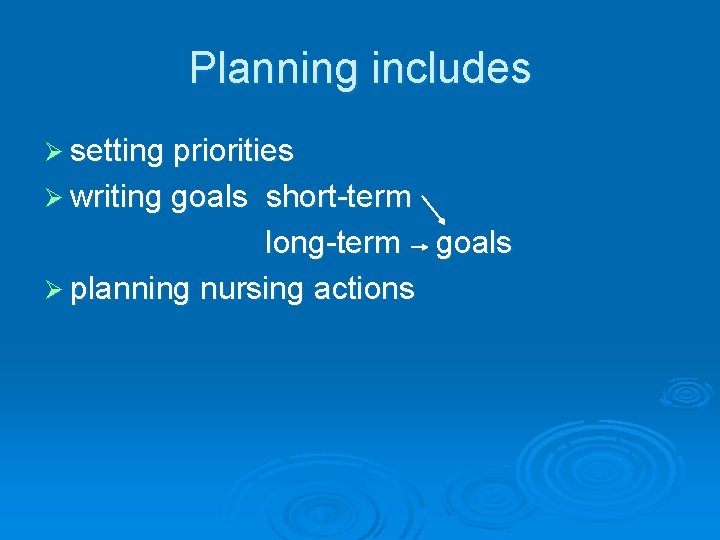 Planning includes Ø setting priorities Ø writing goals short-term long-term goals Ø planning nursing