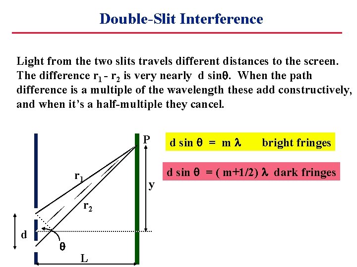 Double-Slit Interference Light from the two slits travels different distances to the screen. The