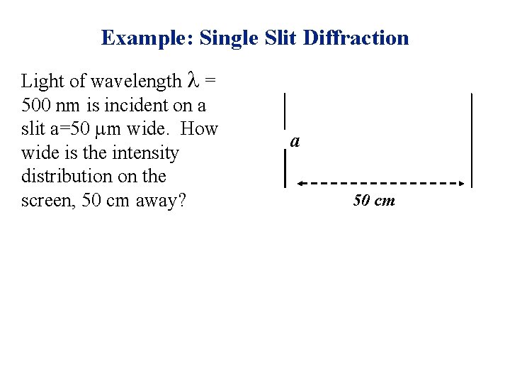 Example: Single Slit Diffraction Light of wavelength l = 500 nm is incident on