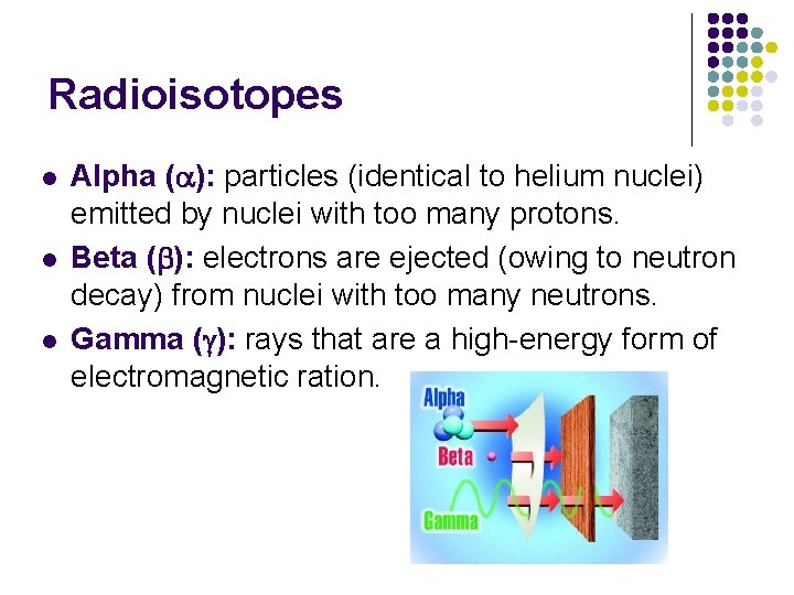 Radioisotopes l l l Alpha ( ): particles (identical to helium nuclei) emitted by