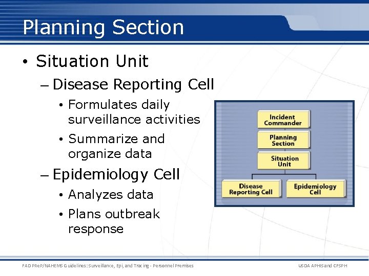 Planning Section • Situation Unit – Disease Reporting Cell • Formulates daily surveillance activities