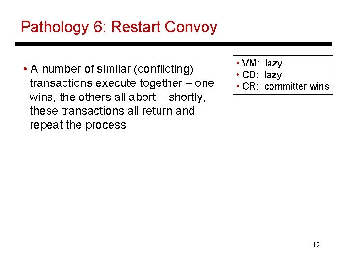 Pathology 6: Restart Convoy • A number of similar (conflicting) transactions execute together –