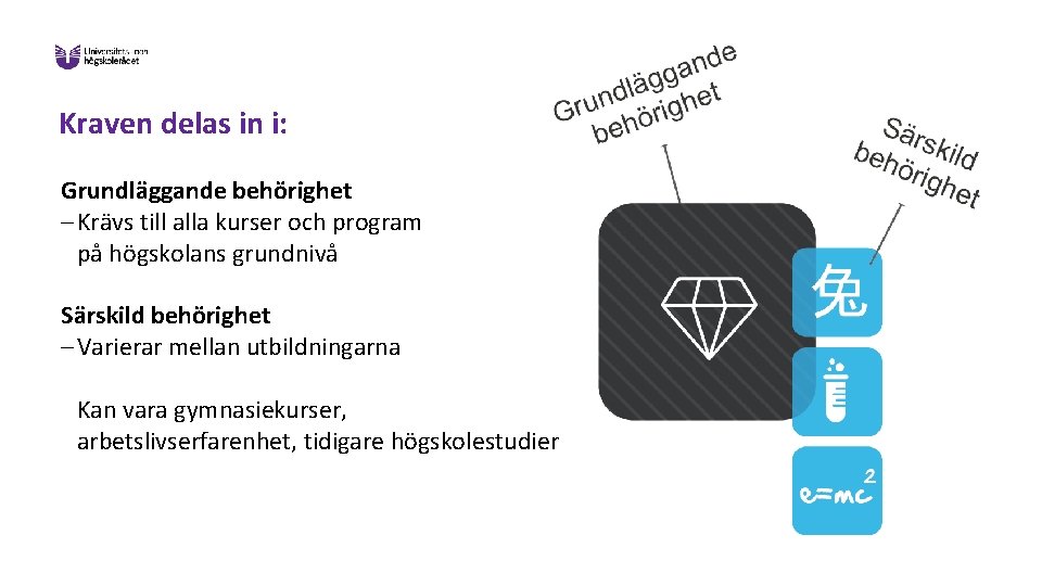 Kraven delas in i: Grundläggande behörighet Krävs till alla kurser och program på högskolans