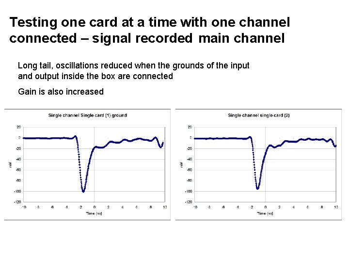 Testing one card at a time with one channel connected – signal recorded main