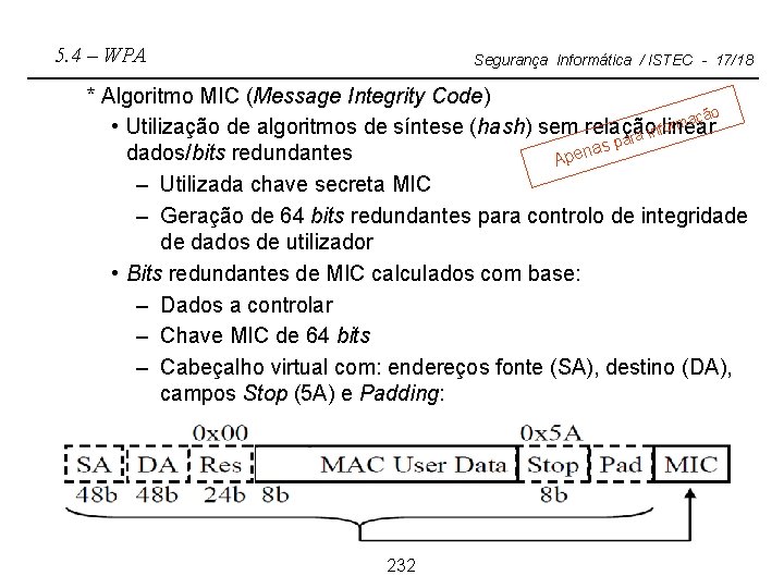 5. 4 – WPA Segurança Informática / ISTEC - 17/18 * Algoritmo MIC (Message