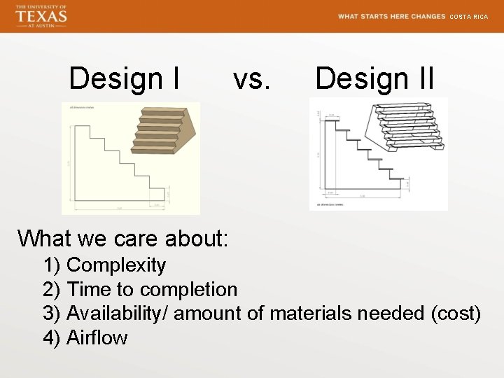 COSTA RICA Design I vs. Design II What we care about: 1) Complexity 2)