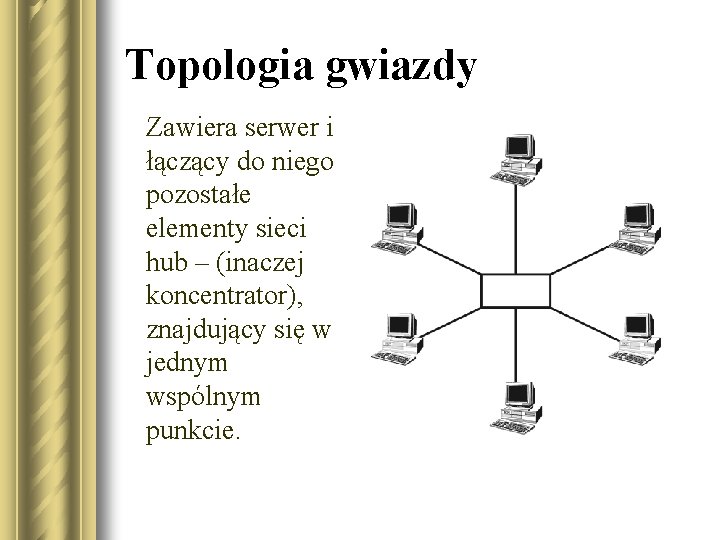 Topologia gwiazdy Zawiera serwer i łączący do niego pozostałe elementy sieci hub – (inaczej